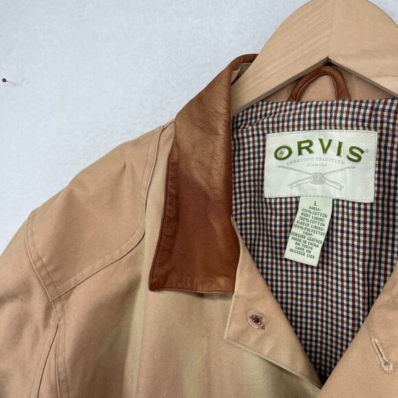 ORVIS Jacket Mens L Chore Barn Coat Houndstooth Lined Leather Trim Hunting Brown - Picture 11 of 16